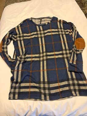 Bellamie Blue Plaid Tunic with Tan Elbow Patches